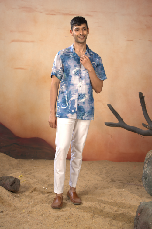 Carrina — Blue Marbled Desert Printed Cotton Satin Shirt