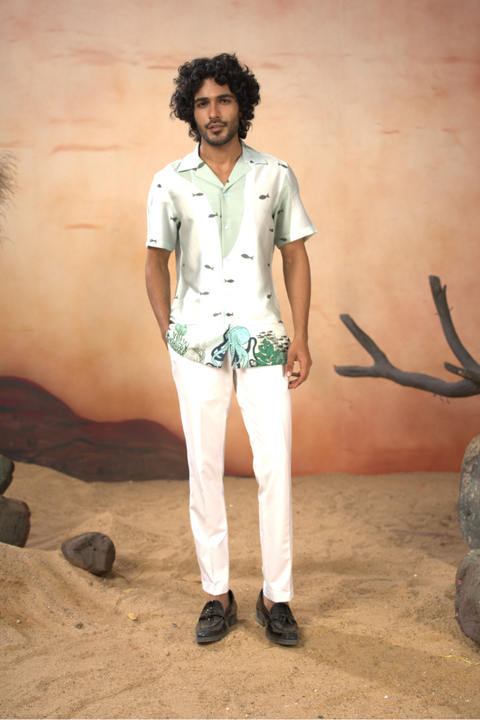 Aquaris — Sea Green Deep-Sea Printed Cotton Satin Shirt