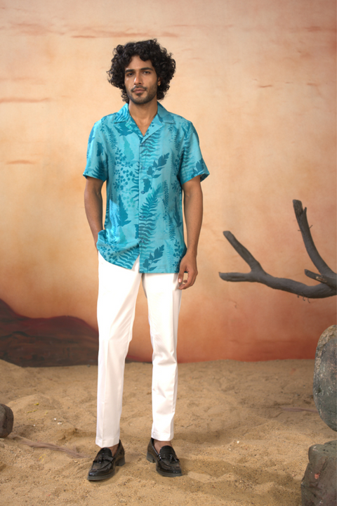 Brizia — Blue Printed Cotton Satin Shirt
