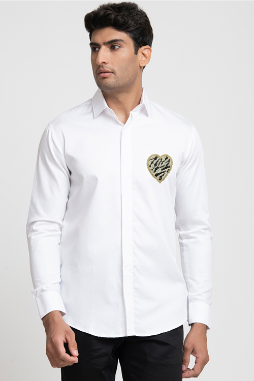Cardia — White Heart Embroidered Giza Cotton Shirt