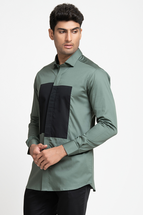 Olinoir — Black & Olive Patch Giza Cotton Shirt