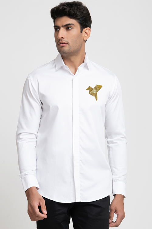 Soar — White Bird Hand Embroidered Giza Cotton Shirt