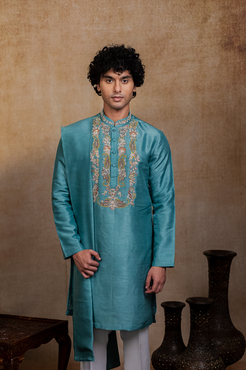 Paisley Zari — Olive Green Zari Paisley Embroidered Falling Raw Silk Kurta