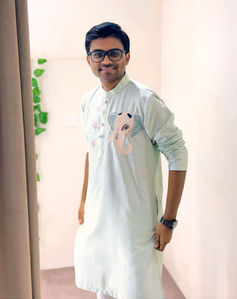 Vignesha — Pista Green Ganesha Thread Embroidered Semi Raw Silk Kurta