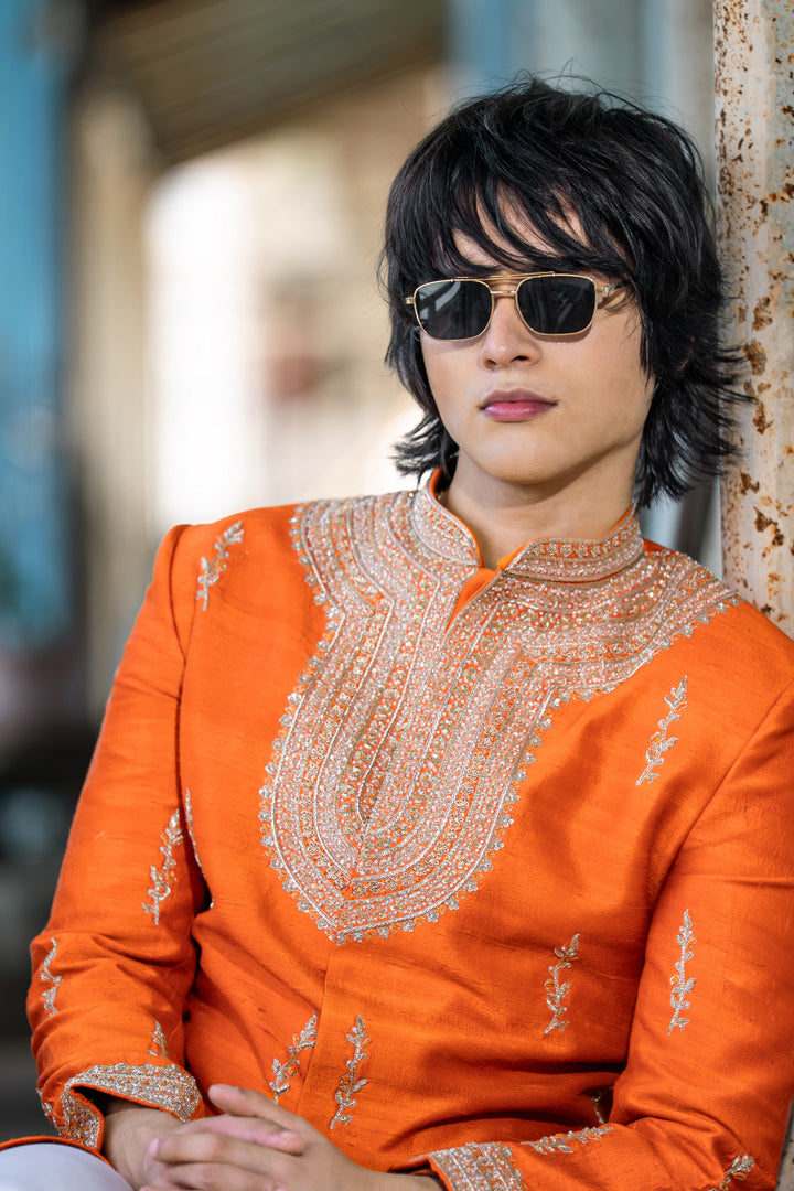 Zafran — Saffron Hand Embroidered Raw Silk Sherwani Set