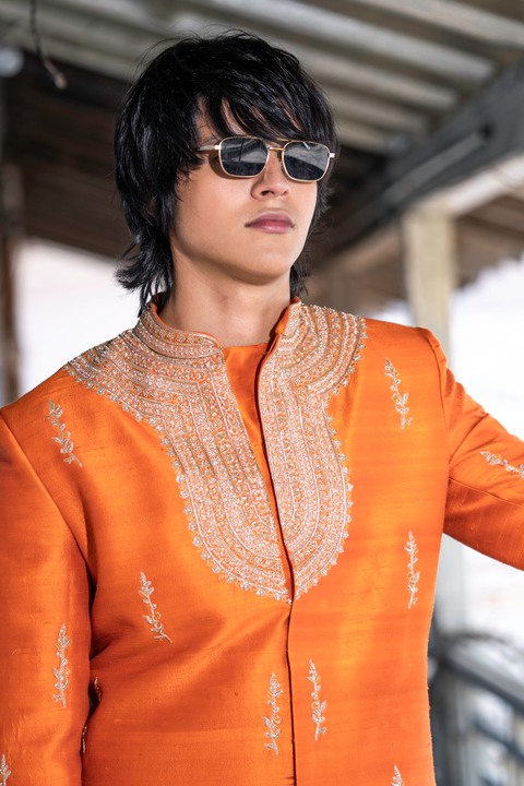 Zafran — Saffron Hand Embroidered Raw Silk Sherwani Set