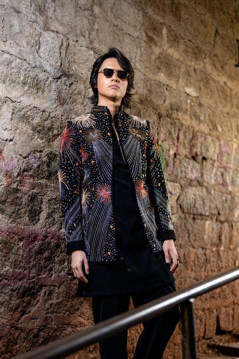 Fireveil — Black Hand Embroidered Armani Fabric Indo-Western Set