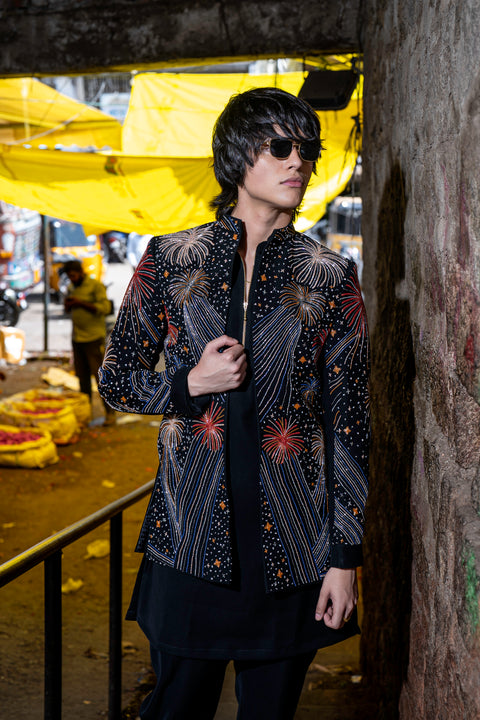 Fireveil — Black Hand Embroidered British Fabric Sherwani Set
