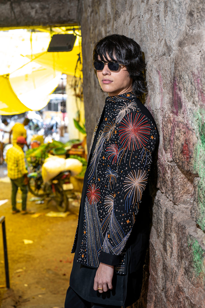 Fireveil — Black Hand Embroidered Armani Fabric Sherwani Set