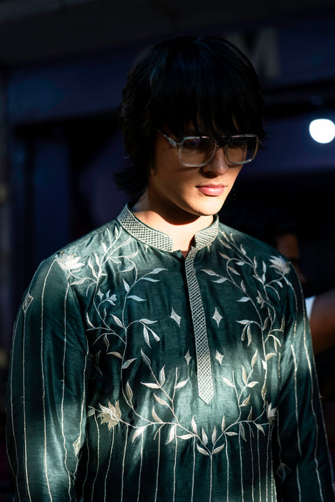 Naksh — Bottle Green Thread Embroidered Falling Raw Silk Kurta
