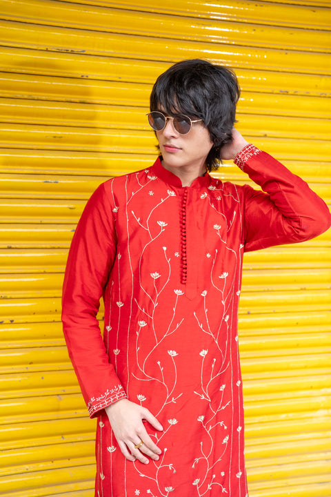 Gulmohar — Falling Raw Silk Embroidered Kurta