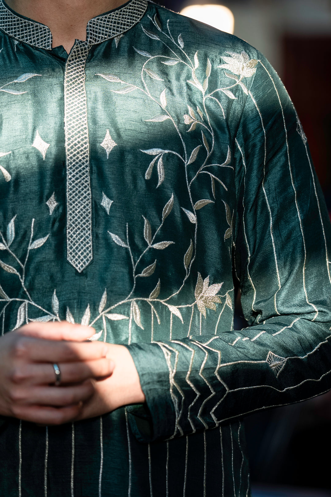 Naksh — Bottle Green Thread Embroidered Falling Raw Silk Kurta