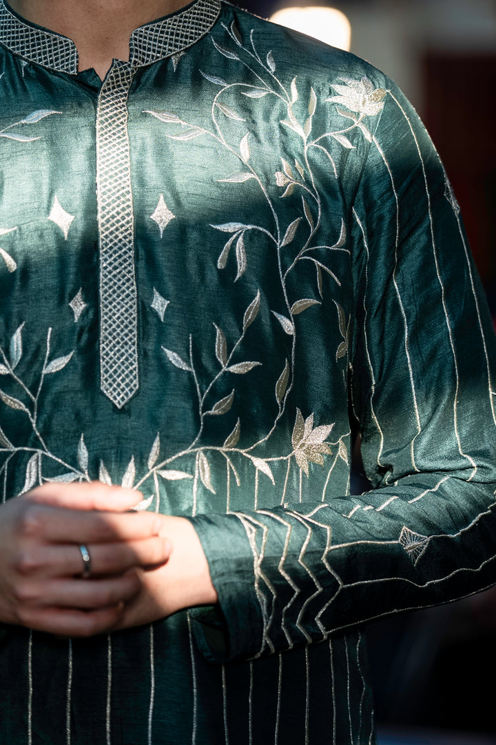 Naksh — Bottle Green Thread Embroidered Falling Raw Silk Kurta
