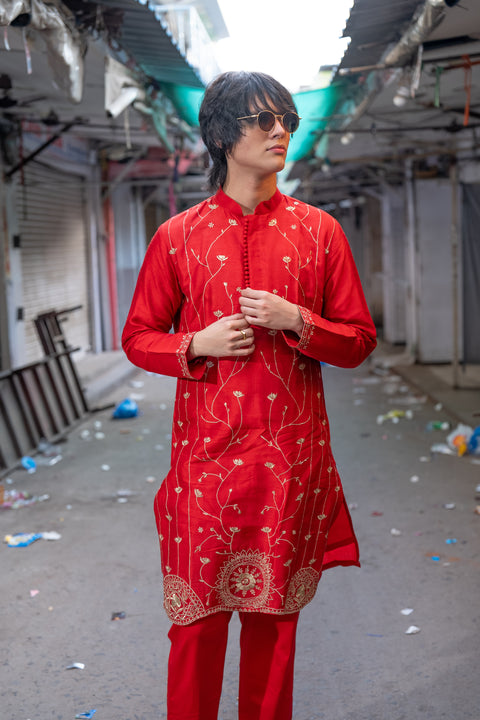 Gulmohar — Falling Raw Silk Embroidered Kurta