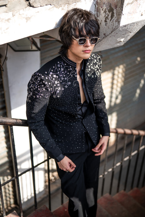 Stardust — Black Crystal Embroidered Armani Fabric Bling Blazer