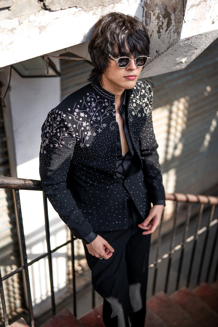 Stardust — Black Crystal Embroidered Armani Fabric Bling Blazer