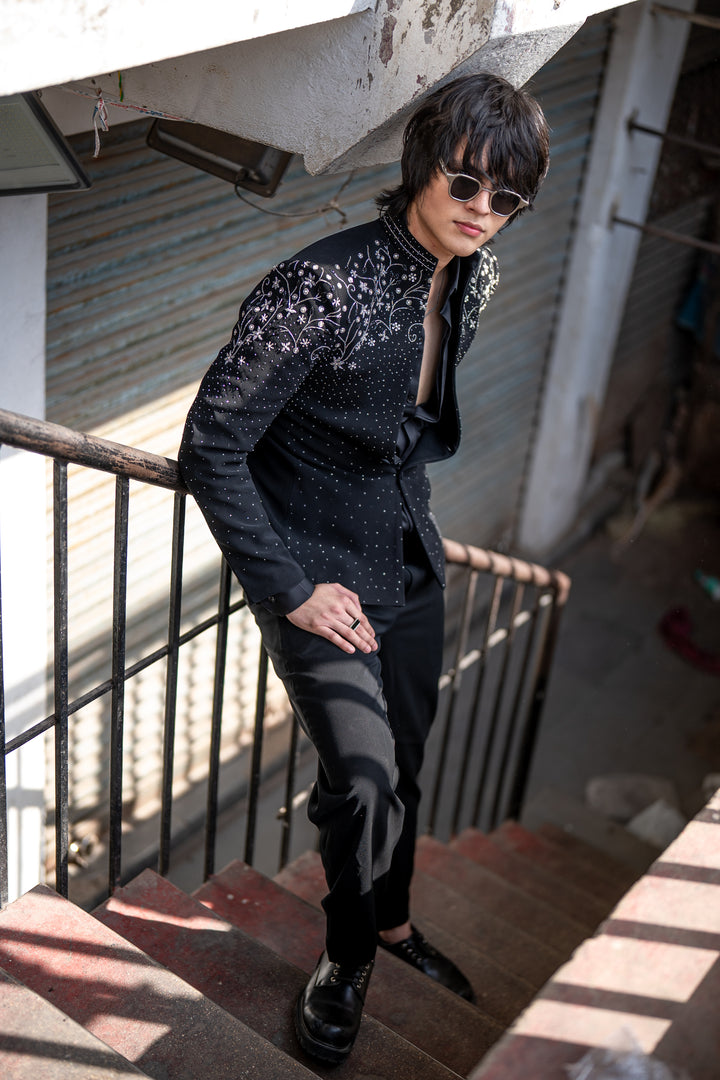Stardust — Black Crystal Embroidered Armani Fabric Bling Blazer