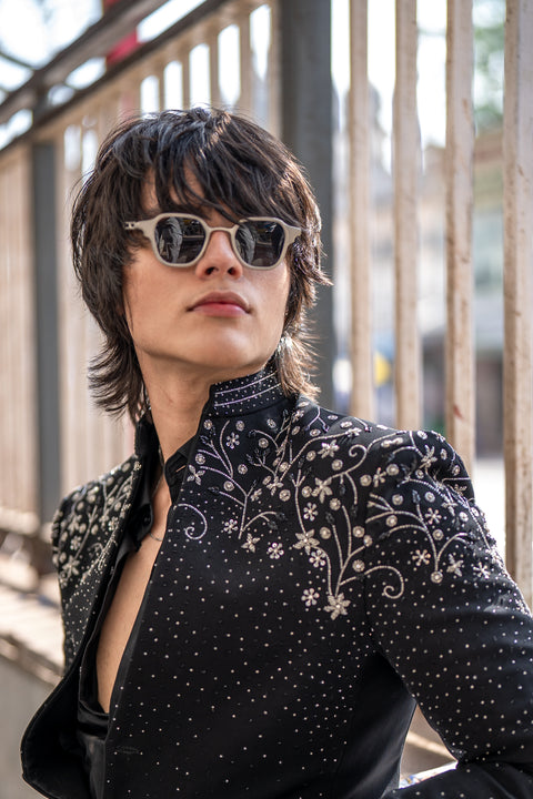 Stardust — Black Crystal Embroidered Armani Fabric Bling Blazer