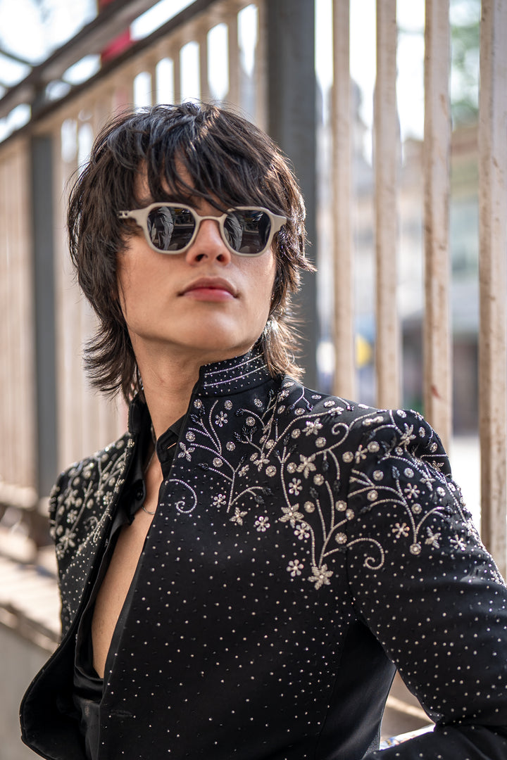 Stardust — Black Crystal Embroidered Armani Fabric Bling Blazer