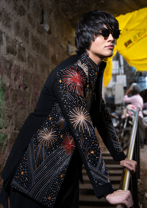 Fireveil — Black Hand Embroidered Armani Fabric Sherwani Set