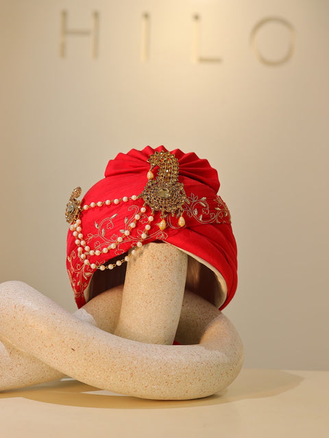 Crimson Royalty Pagdi — Crimson Red Brocade Indian Groom Pagdi