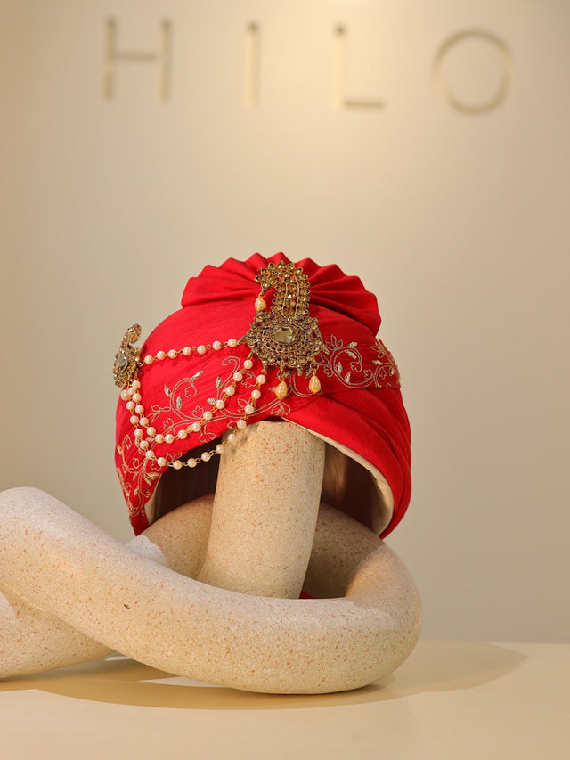 Crimson Royalty Pagdi — Crimson Red Brocade Indian Groom Pagdi