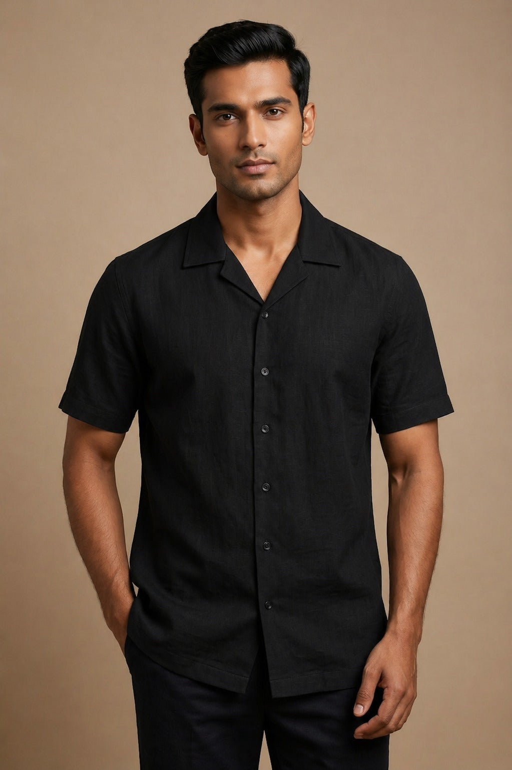 Black cotton flex shirt with relaxed fit and open collar — Eclipse by HILO DESIGN