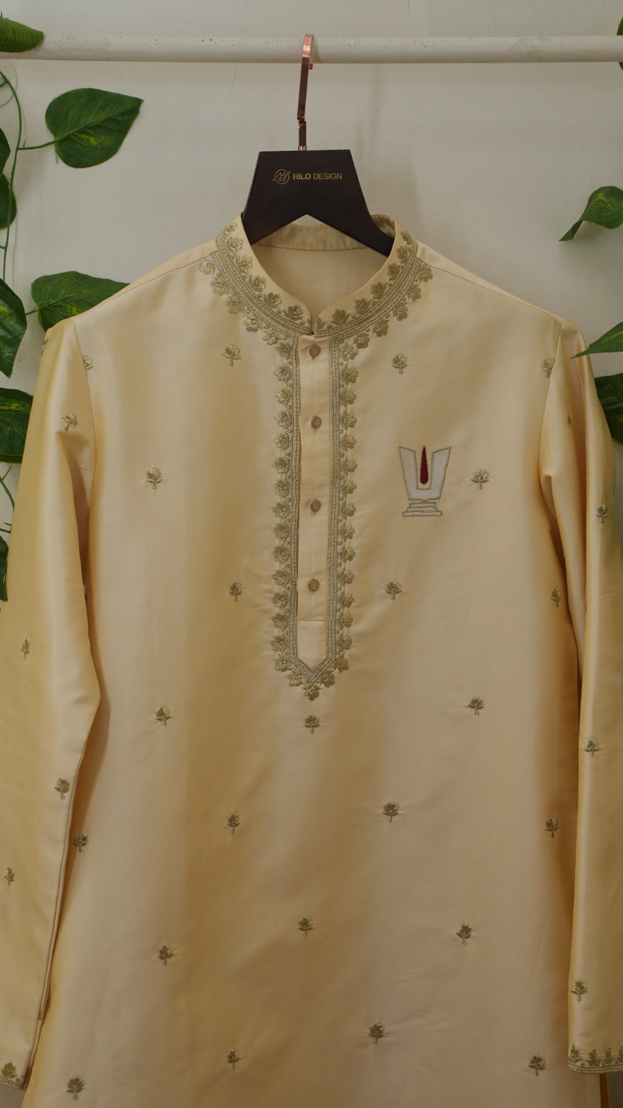 Suvarna — Butter Gold Sri Vari Namam Hand Embroidered Semi Pattu Silk Kurta &amp; Dhoti Set