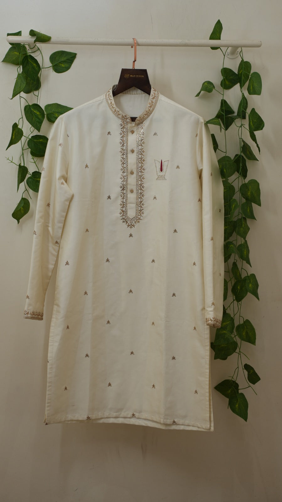 Vinyas — Pearl White Sri Vari Namam Hand Embroidered Semi Pattu Silk Kurta &amp; Dhoti Set