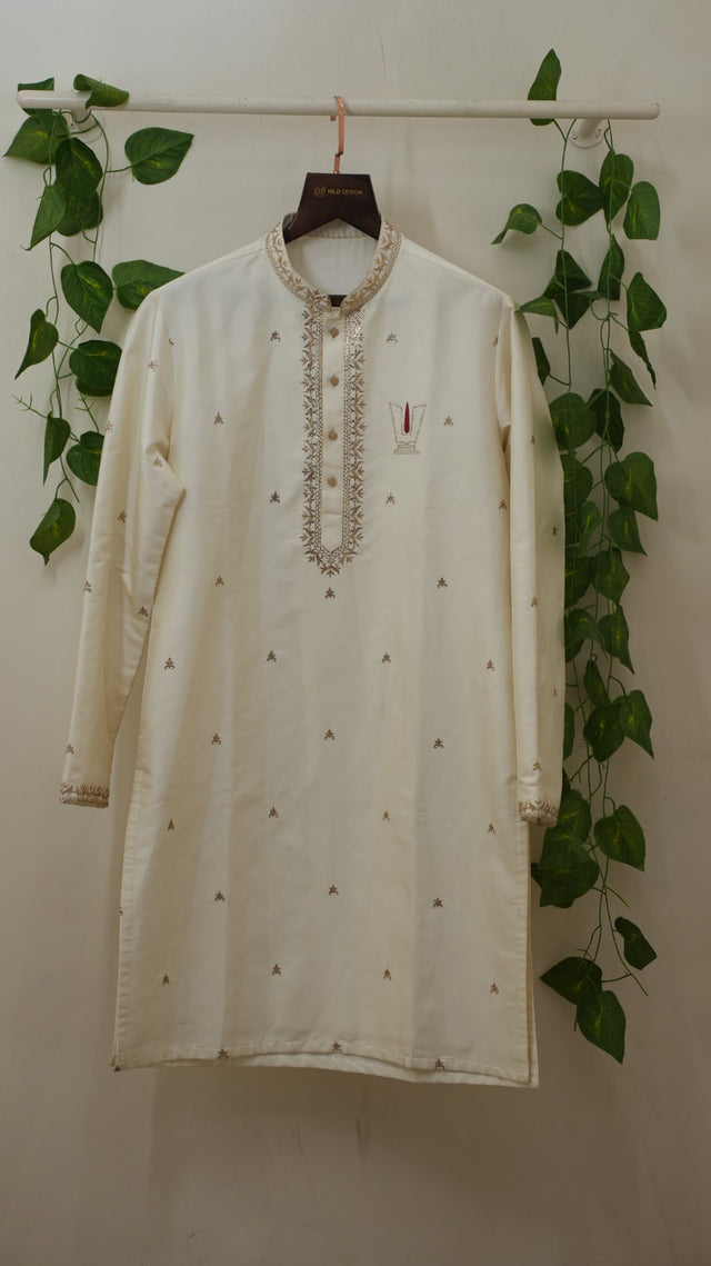Vinyas — Pearl White Sri Vari Namam Thread Embroidered Semi Pattu Silk Kurta & Dhoti Set