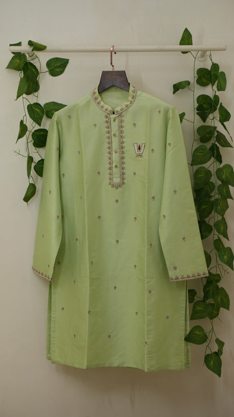 Tulsi — Pista Green Sri Vari Namam Hand Embroidered Semi Pattu Silk Kurta & Dhoti Set