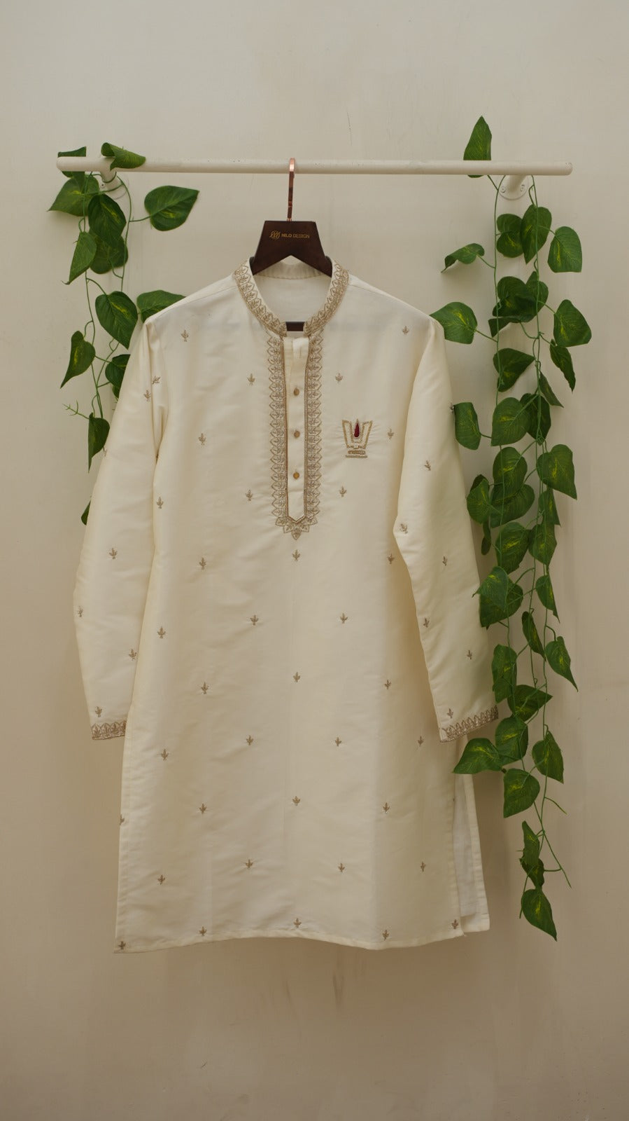 Srivatsa — Ivory Sri Vari Namam Hand Embroidered Semi Pattu Silk Kurta &amp; Dhoti Set