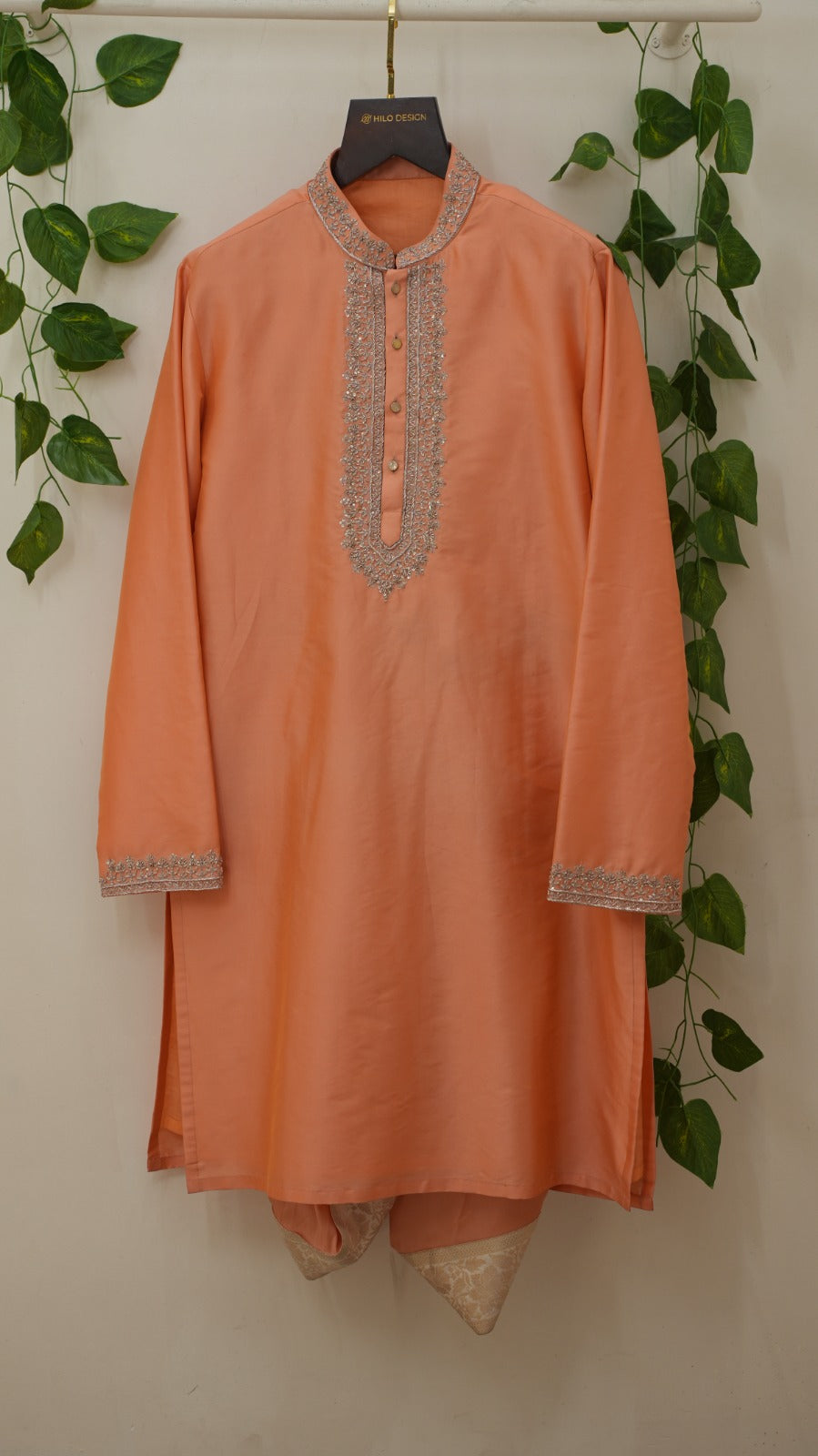 Taaraka — Coral Peach Hand Embroidered Semi Pattu Kurta &amp; Dhoti Set