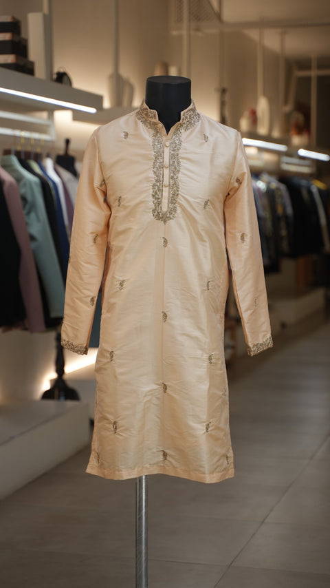 Shukla — Soft Peach Hand Embroidered Semi Pattu Silk Kurta & Dhoti Set