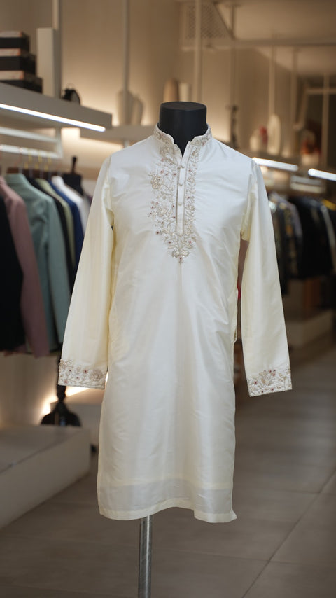 Shwet — Ivory Pearl Hand Embroidered Semi Pattu Silk Kurta & Dhoti Set