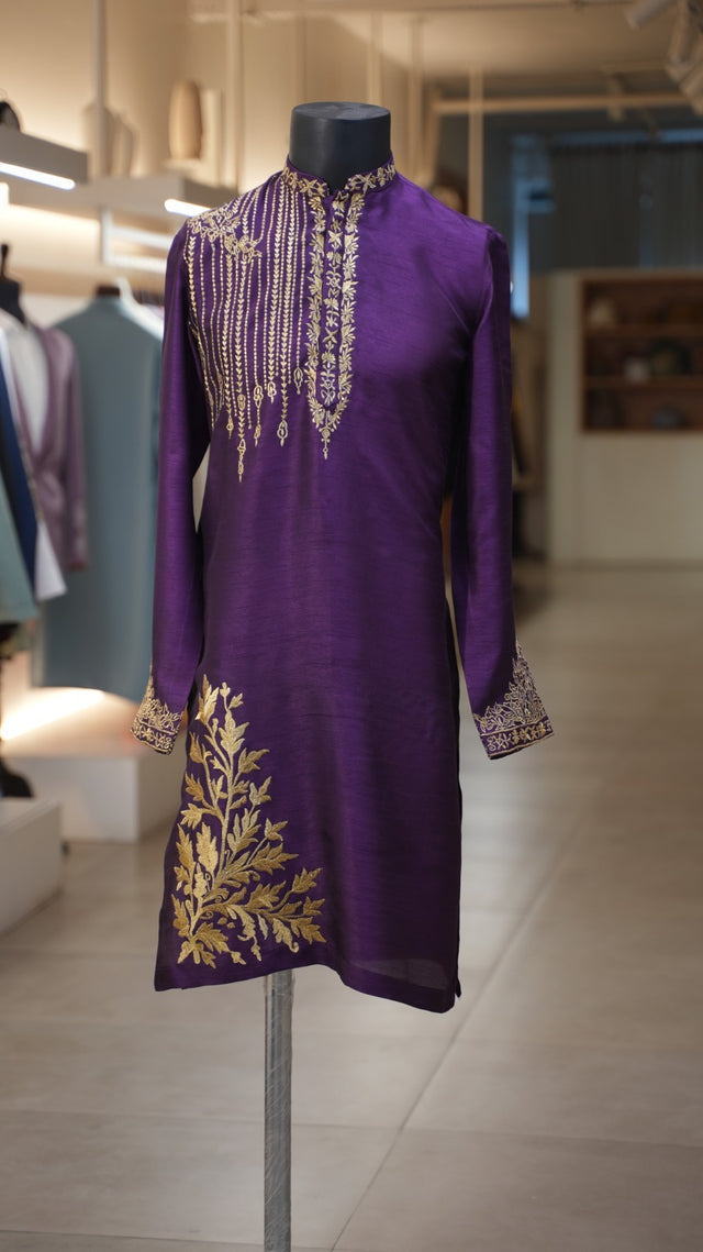 Vaivarna — Royal Purple Gold Thread Embroidered Falling Raw Silk Kurta