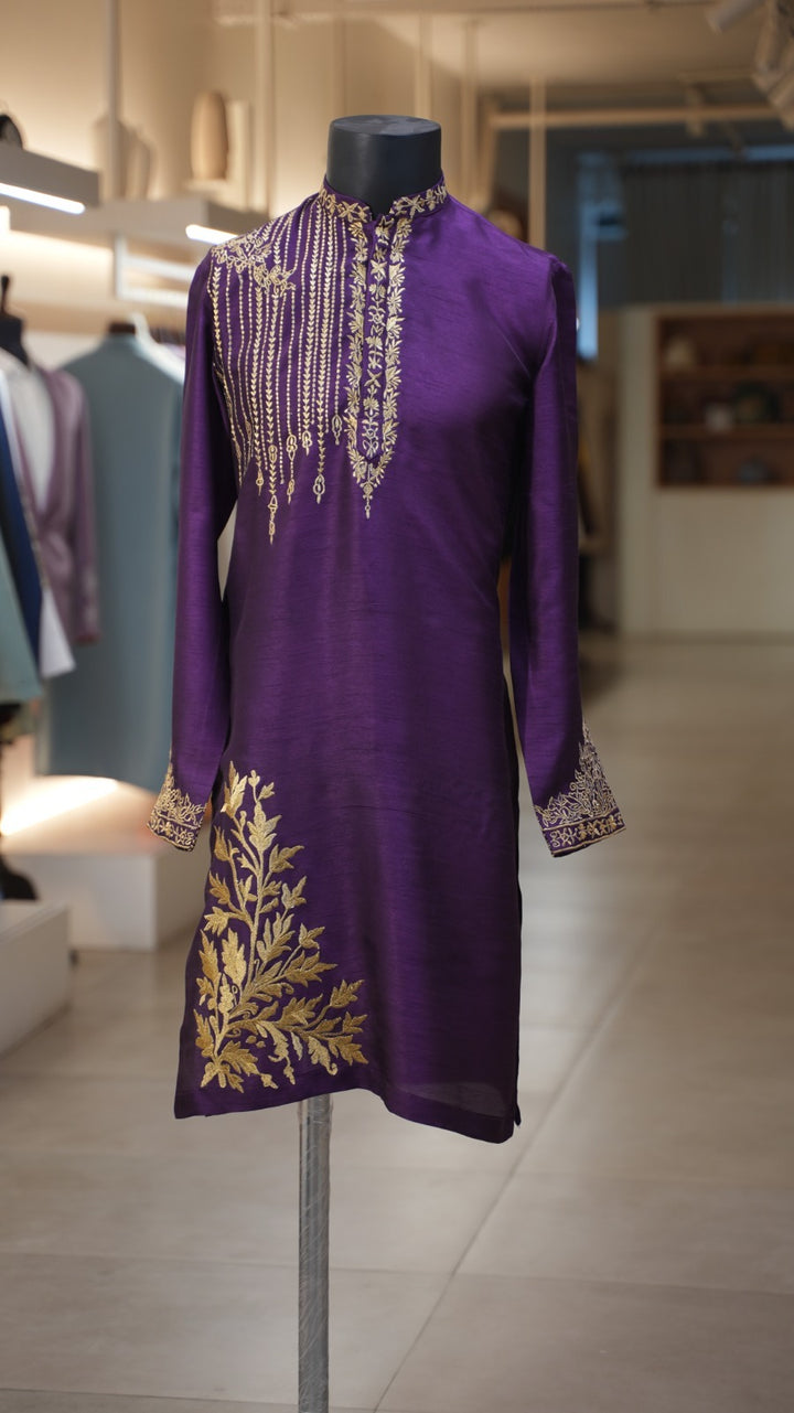 Vaivarna — Royal Purple Gold Thread Embroidered Falling Raw Silk Kurta