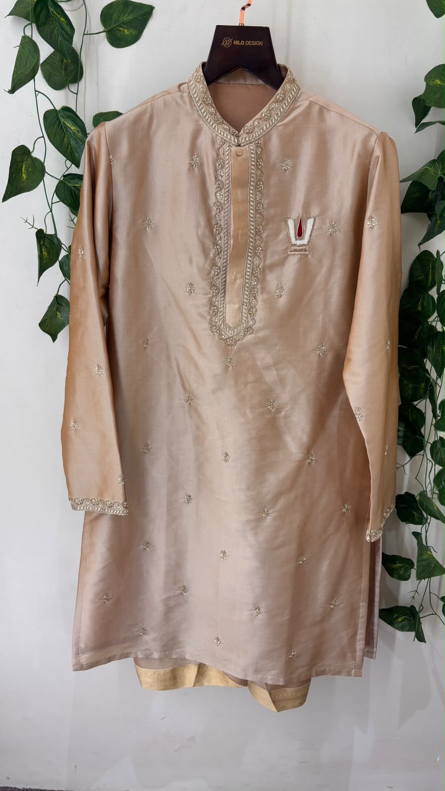 Vedanta — Champagne Beige Sri Vari Namam Hand Embroidered Semi Pattu Silk Kurta &amp; Dhoti Set