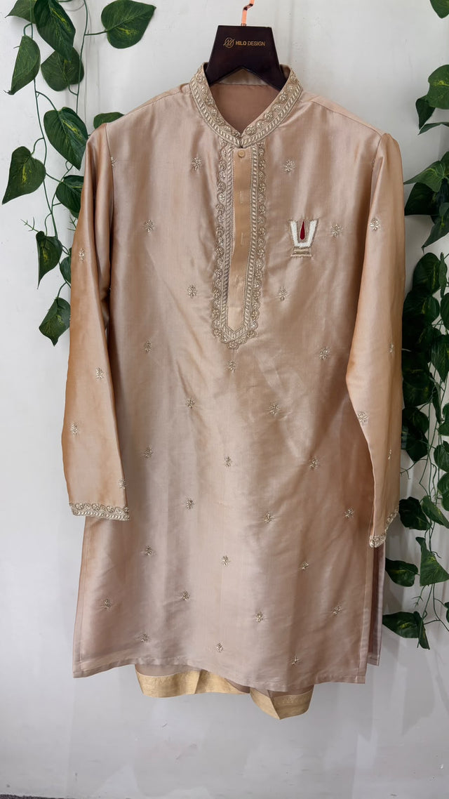 Vedanta — Champagne Beige Sri Vari Namam Hand Embroidered Semi Pattu Silk Kurta & Dhoti Set