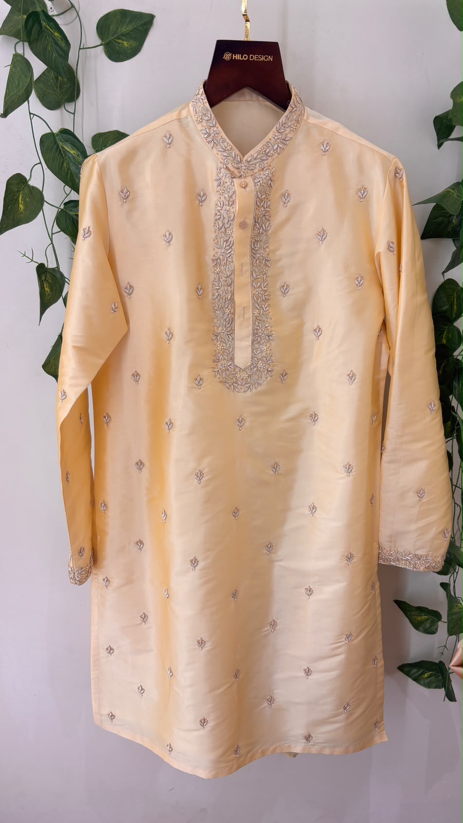 Anvay — Pale Gold Hand Embroidered Semi Pattu Silk Kurta &amp; Dhoti Set