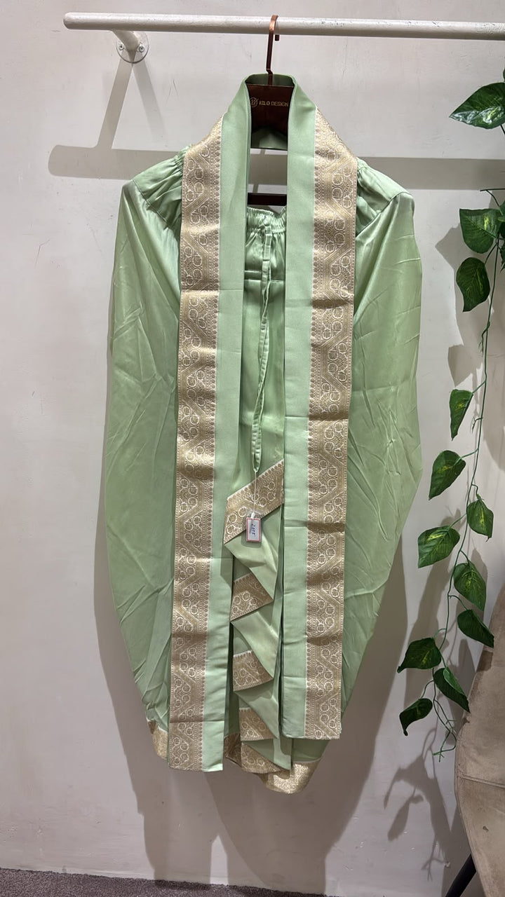 Tulsi — Pista Green Sri Vari Namam Hand Embroidered Semi Pattu Silk Kurta & Dhoti Set