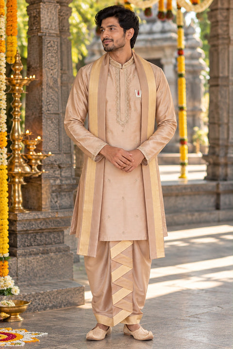 Vedanta — Champagne Beige Sri Vari Namam Hand Embroidered Semi Pattu Silk Kurta & Dhoti Set