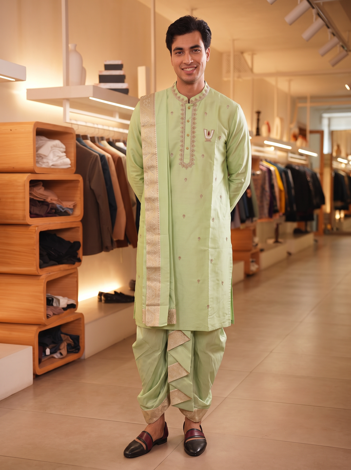 Tulsi — Pista Green Sri Vari Namam Hand Embroidered Semi Pattu Silk Kurta &amp; Dhoti Set