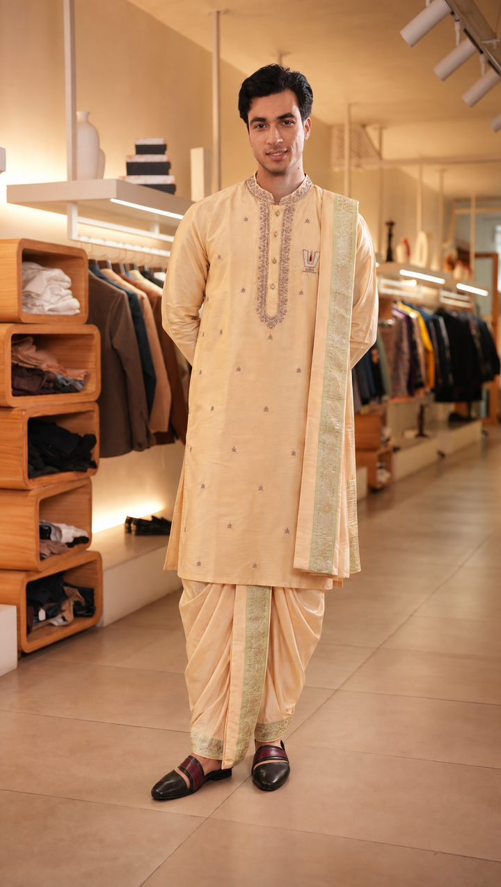 Srihari — Beige Peach Sri Vari Namam Hand Embroidered Semi Pattu Silk Kurta &amp; Dhoti Set