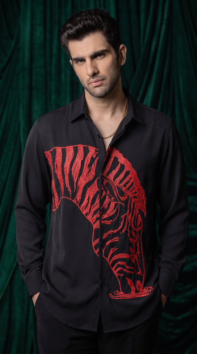 Striking Wild — Black Wild-Animal Embroidered Armani Fabric Shirt