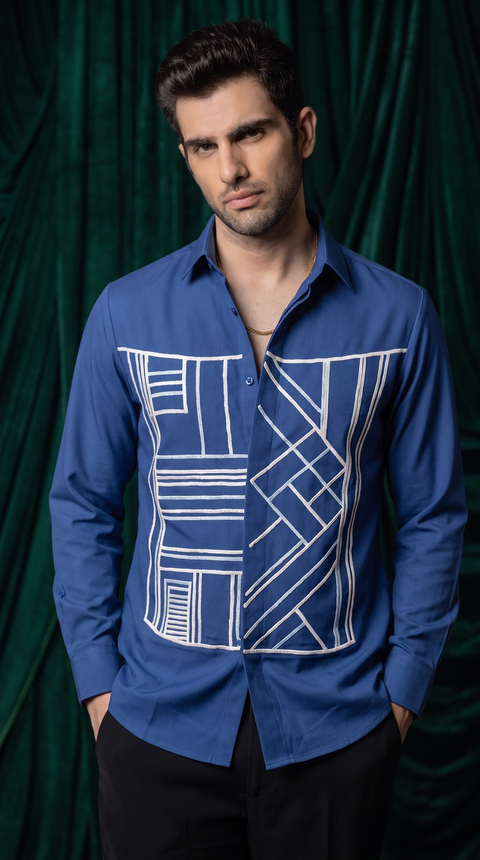 Linear — Royal Blue Geometric Block Embroidered 4-Way Stretch Shirt
