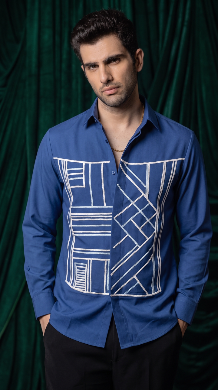 Linear — Royal Blue Geometric Block Embroidered 4-Way Stretch Shirt