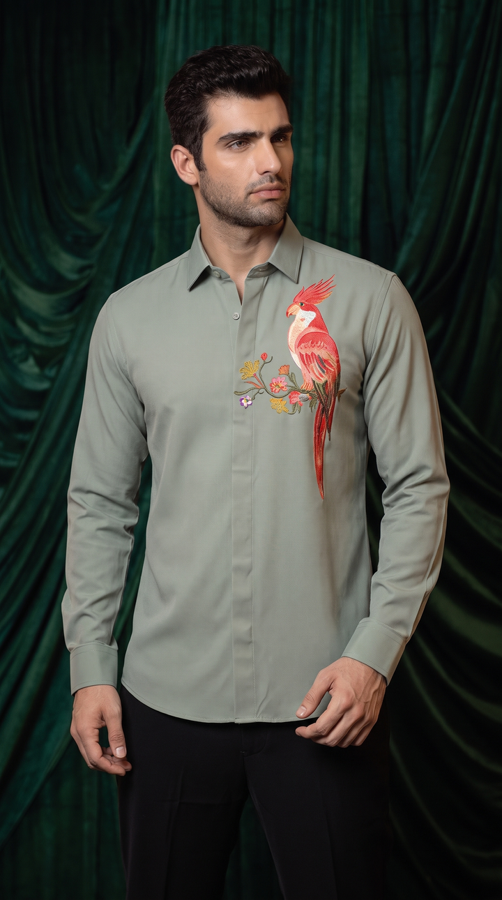 Verdant Muse — Olive Green Hand Painted 4-Way Stretch Urban Shirt