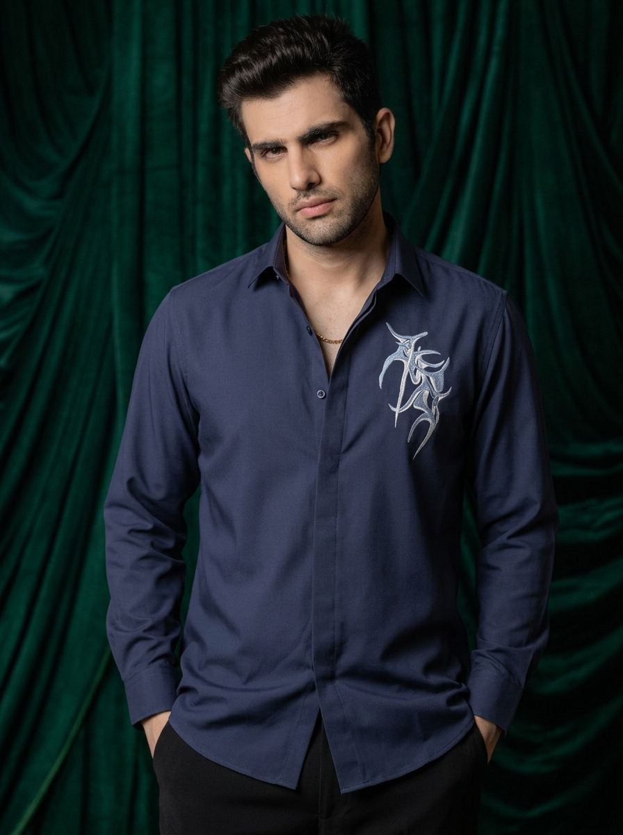 Vael — Midnight Blue Thread Embroidered 4-Way Stretch Shirt