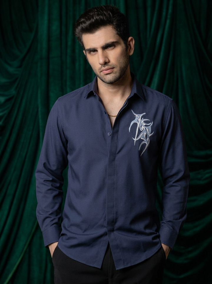 Vael — Midnight Blue Thread Embroidered 4-Way Stretch Shirt